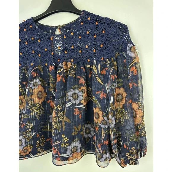 Anthropologie Mynahs Reynu Taandon Cristy Crotchet Beaded Blouse Boho Peasant XS - Picture 13 of 15
